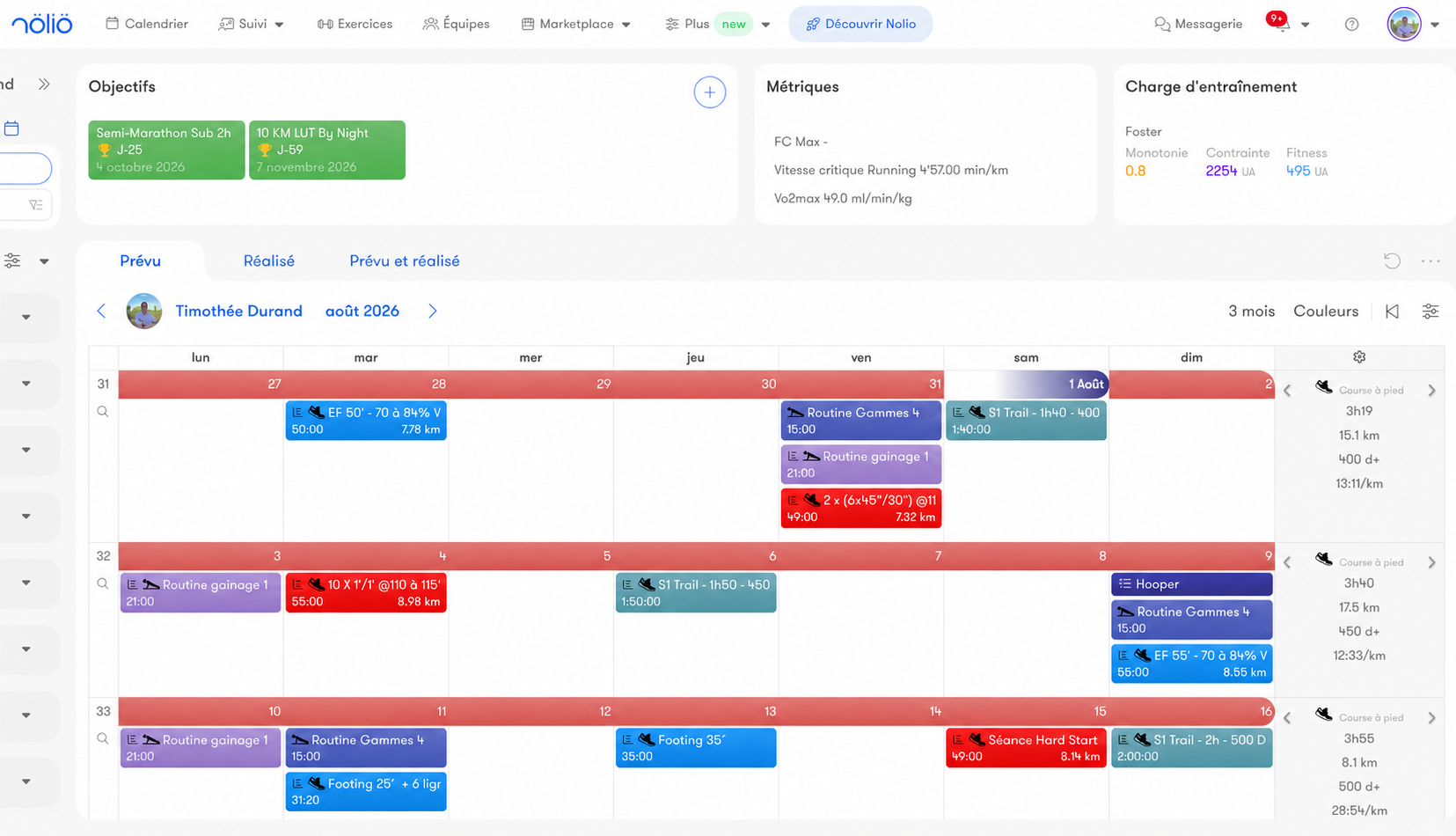 Calendrier Nolio de Timothée Durand montrant plusieurs semaines de séances planifiées.