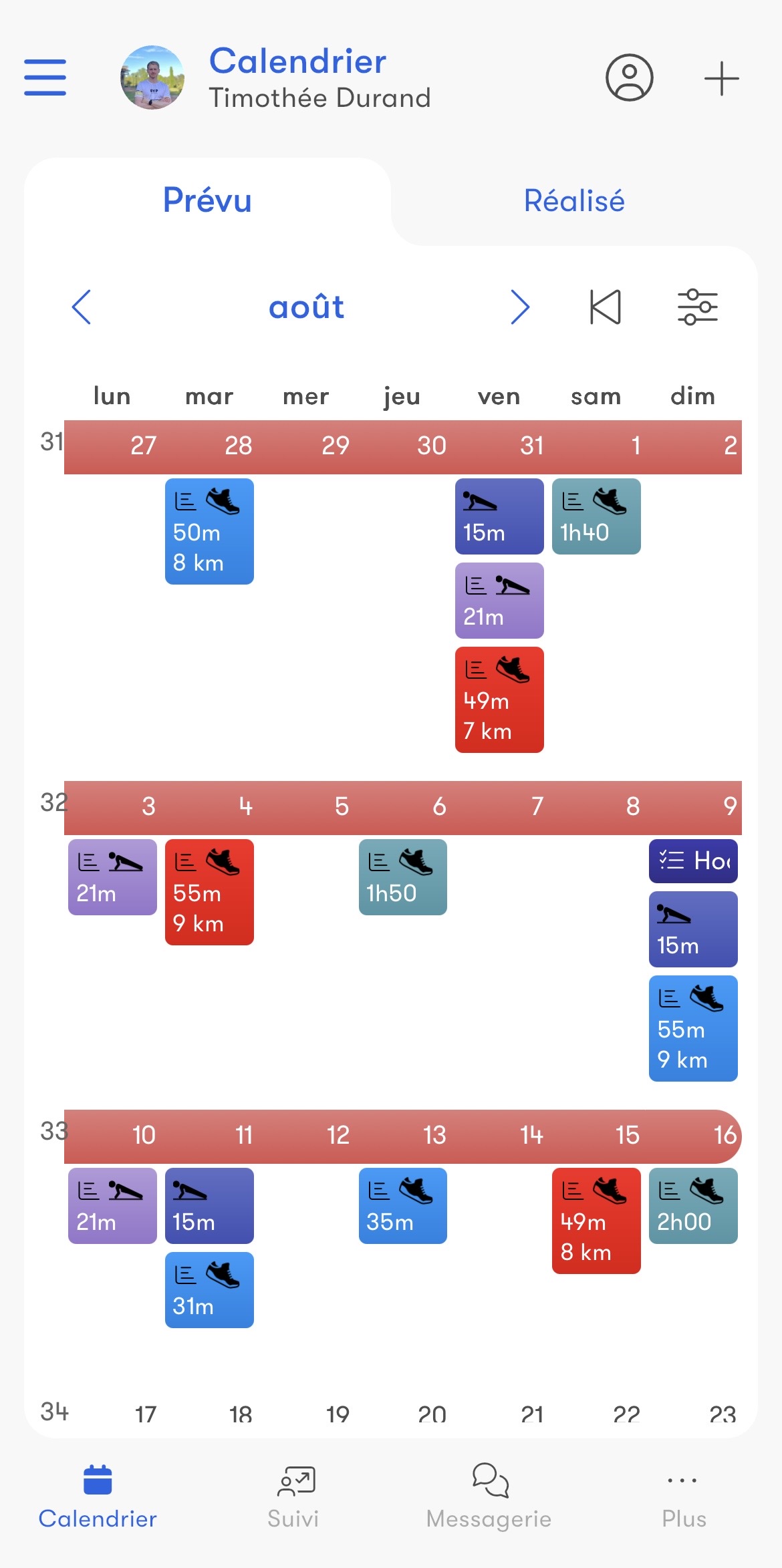 Calendrier Nolio montrant plusieurs semaines de séances planifiées.