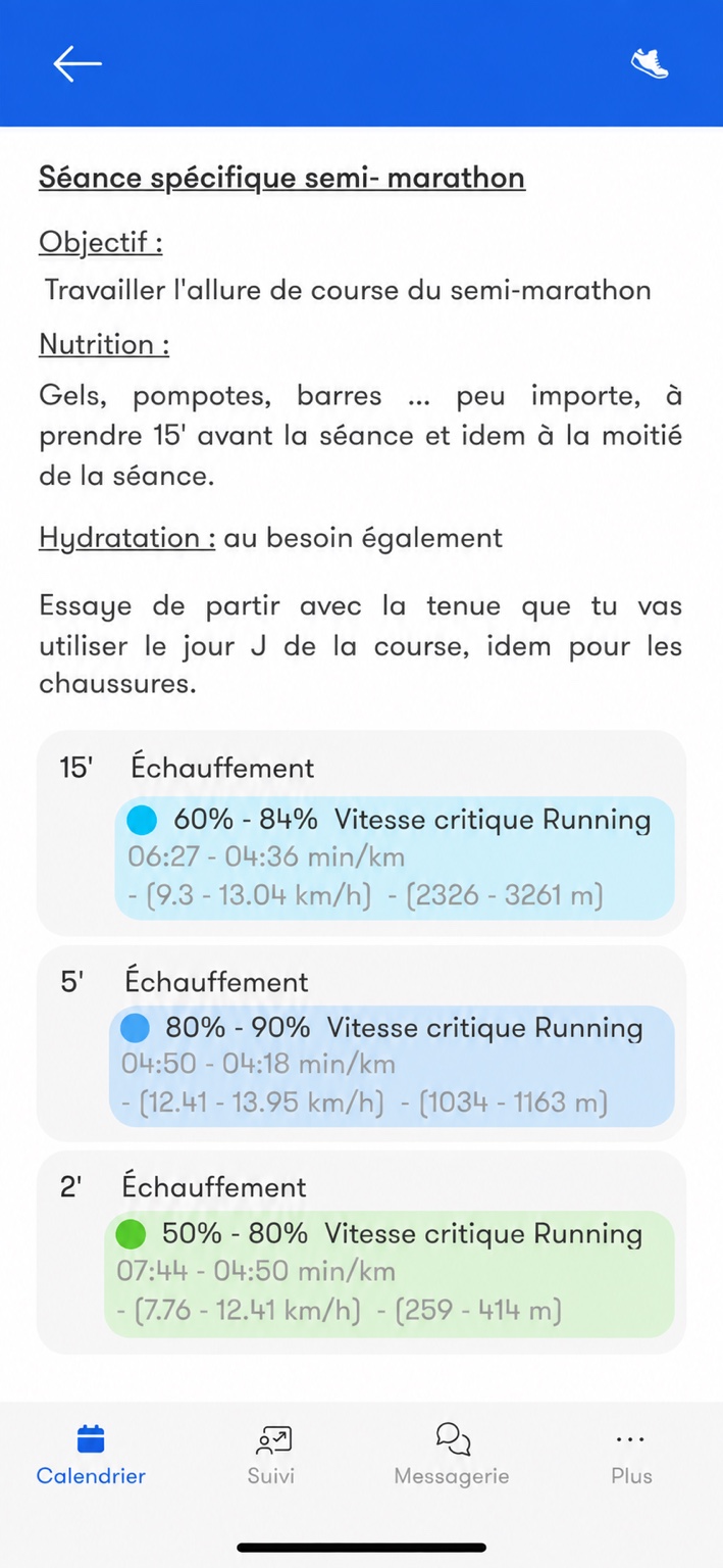 Détail d’une séance spécifique semi-marathon dans Nolio avec objectif, conseils de nutrition, d’hydratation et de matériel.